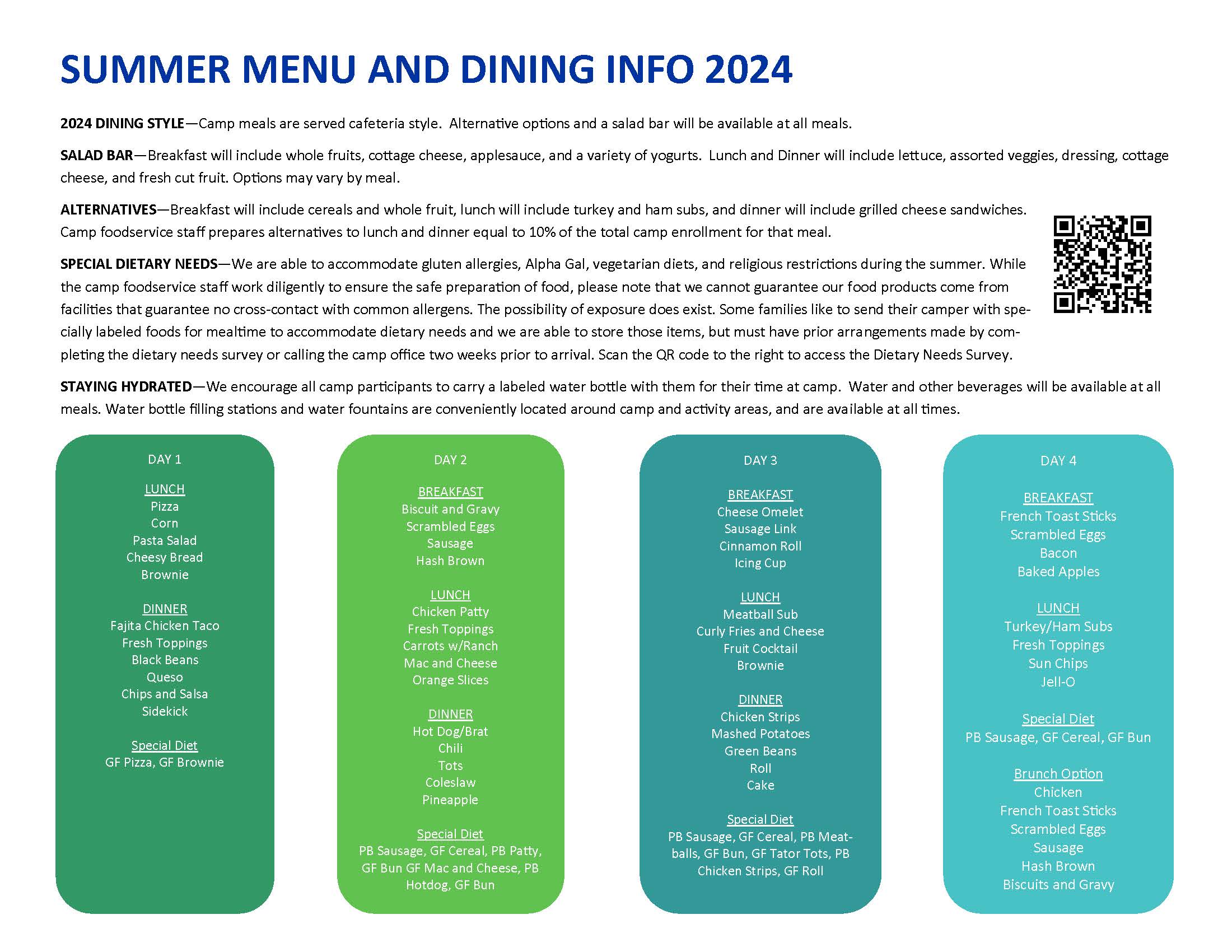 This is the menu used during weeks that come for four days during the summer.  